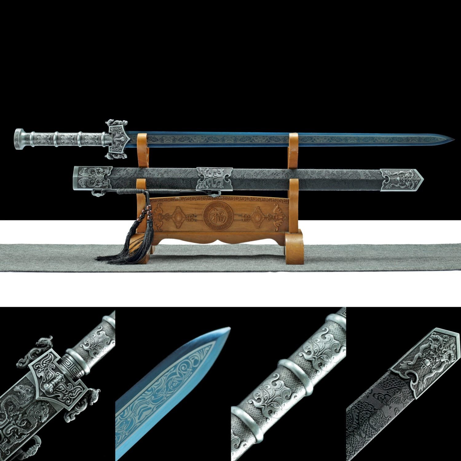 1095 Handcrafted Chinese Sword – Blue Blade with Dragon-Engraved Scabbard