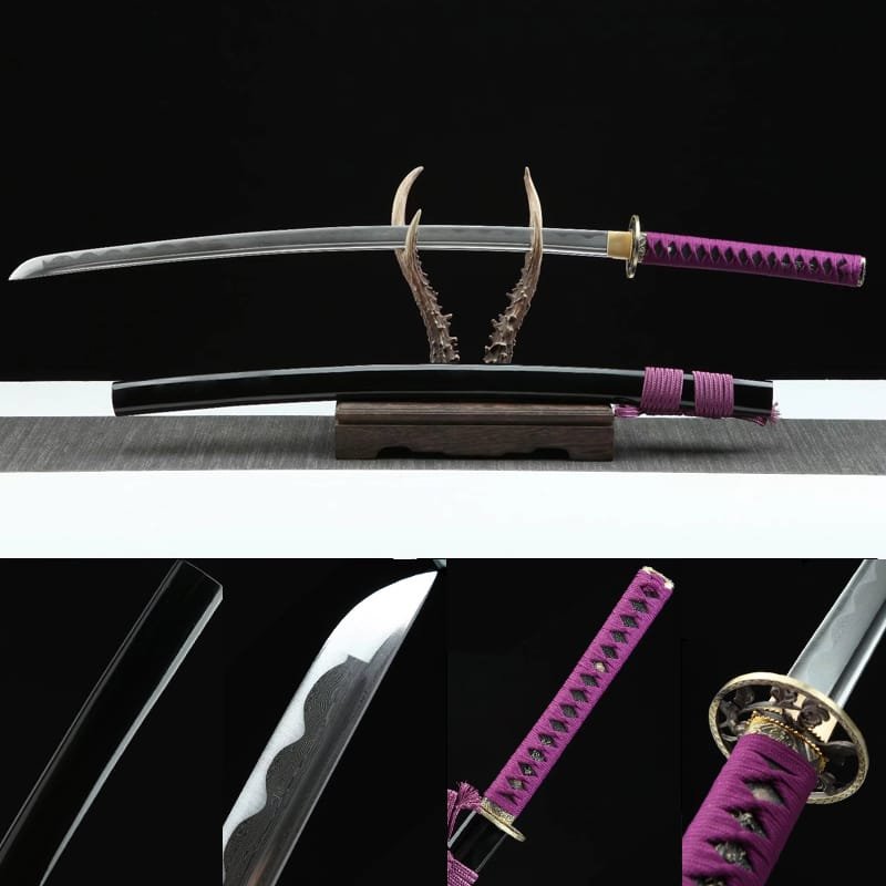 Handcrafted Japanese Samurai Sword - Made with 1060 Steel - Black Scabbard with Purple Sageo