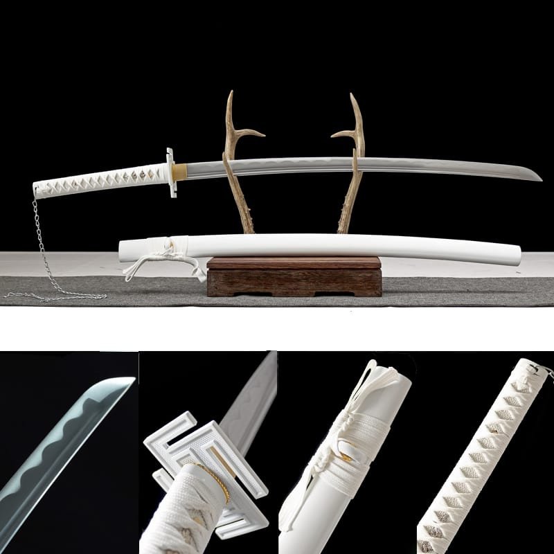 Handcrafted Japanese Samurai Sword - Made with 1060 Steel - White Scabbard with White Sageo
