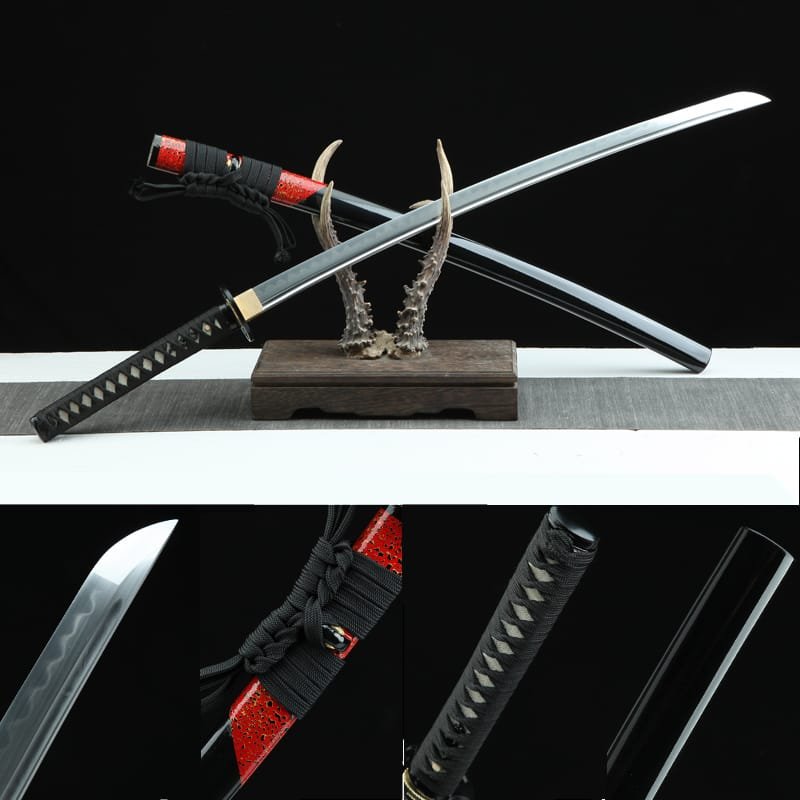 new_5679 Handcrafted Japanese Samurai Sword - Made with 1060 Steel - Red Scabbard with Black Sageo