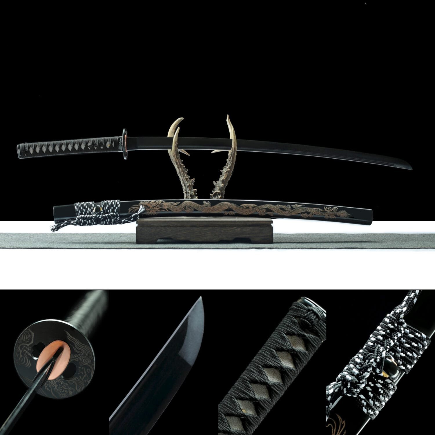 new_ABUIABACGAAg2ZPzsAYoobjOpAUwwBw4wBw Damascus steel-Handmade Japanese Samurai sword - black Dragon's Scabbard