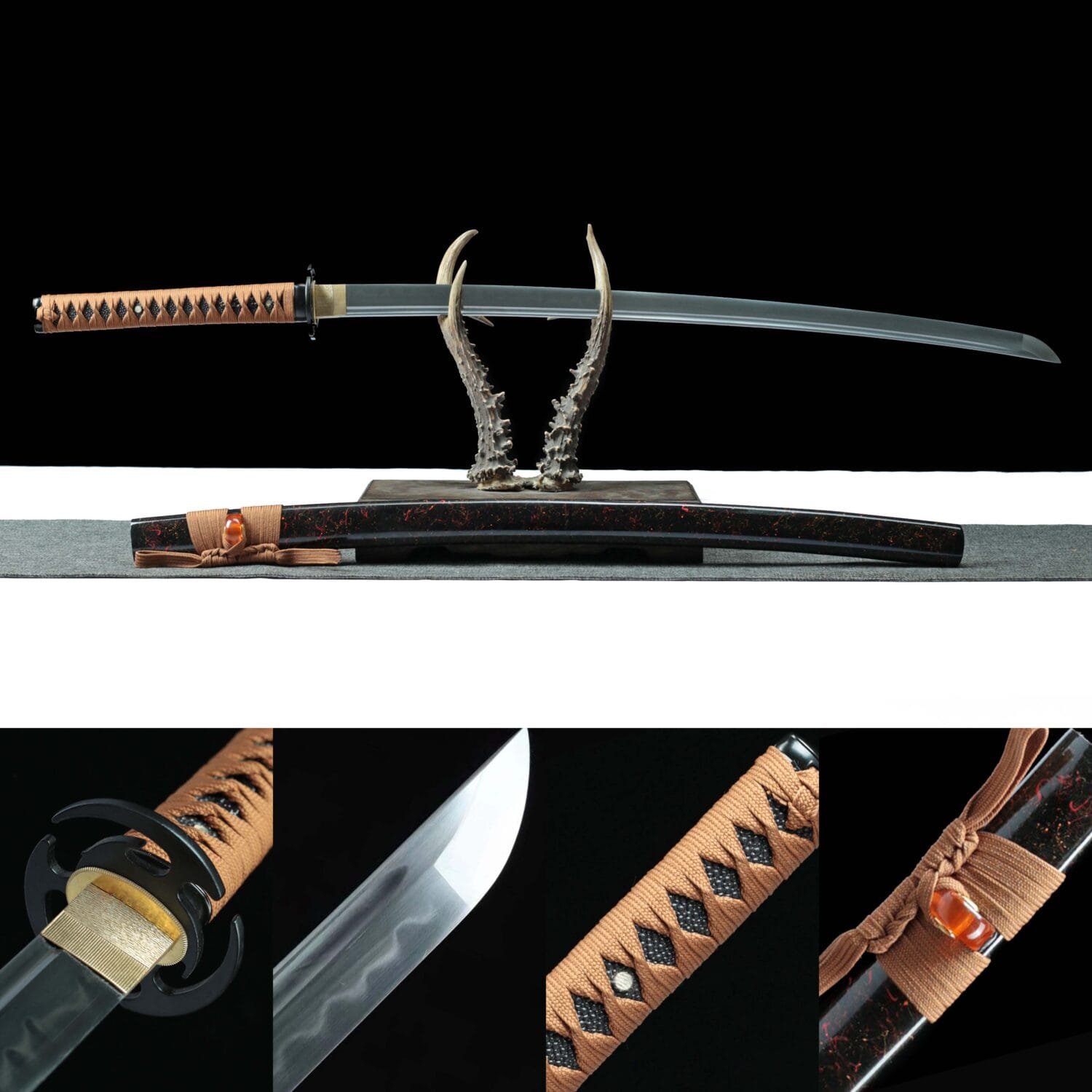 Handcrafted Japanese Samurai Sword - Made with 1060 Steel - Black Scabbard with Brown Sageo