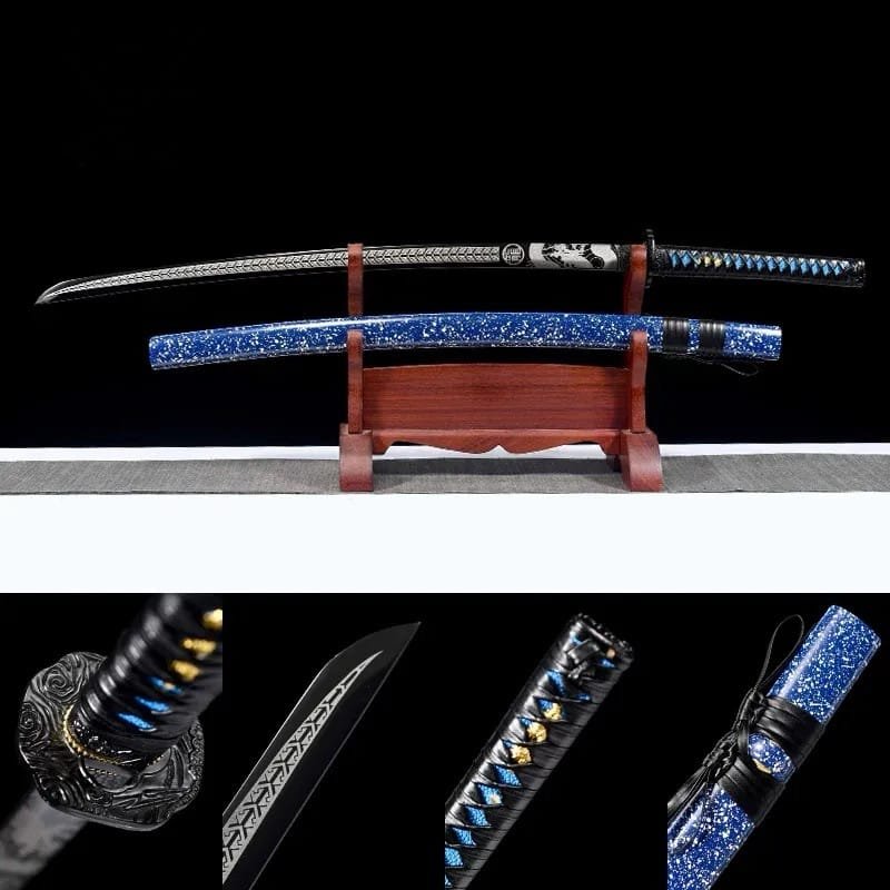 6b5bd0eadf84c8d593b765a6a0cd67a A handmade Japanese katana with a blue snowflake scabbard, made from 1095 steel