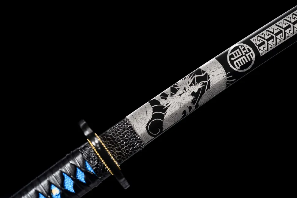 DM_20250116091305_005 A handmade Japanese katana with a blue snowflake scabbard, made from 1095 steel