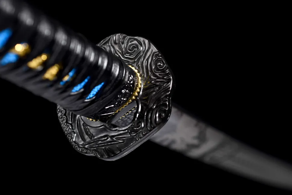 DM_20250116091305_007 A handmade Japanese katana with a blue snowflake scabbard, made from 1095 steel