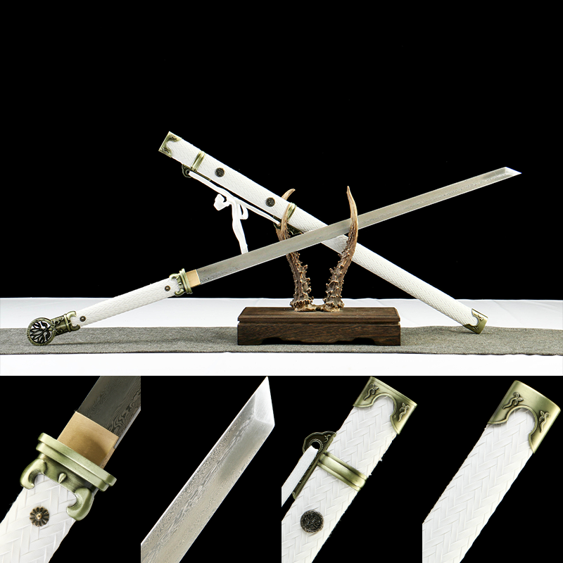 Patterned steel - pure handmade Japanese samurai sword - green leather sheath - pure - exquisite white moon