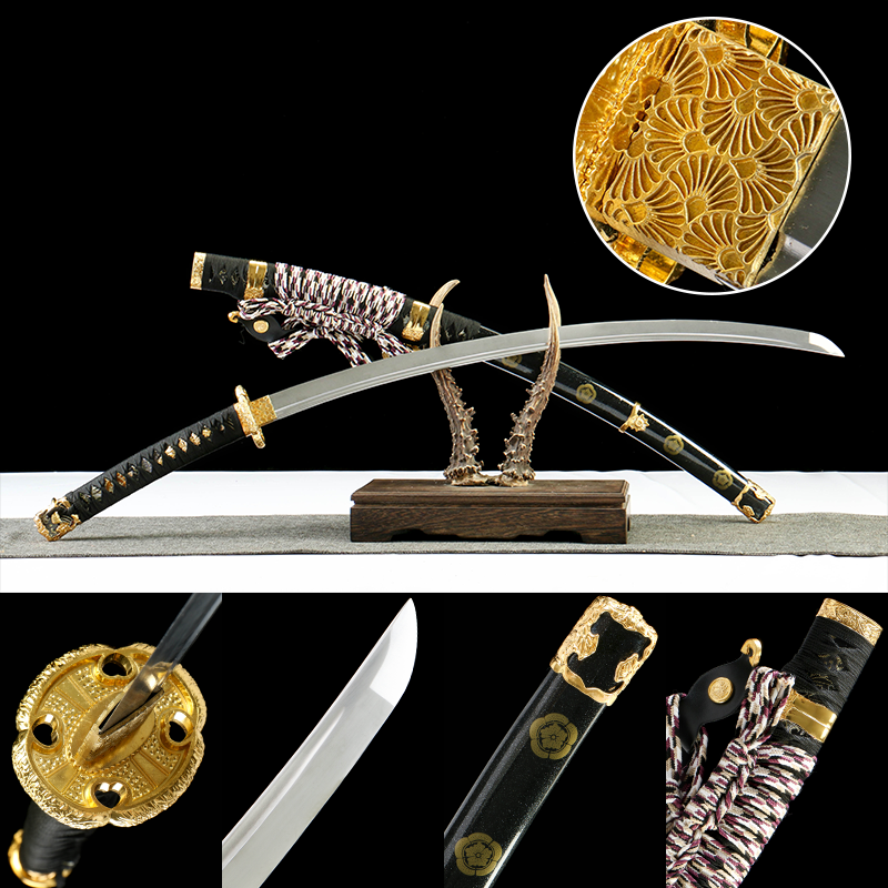 1065 steel - pure handmade Japanese katana - green leather sheath - zinc alloy fittings - frost