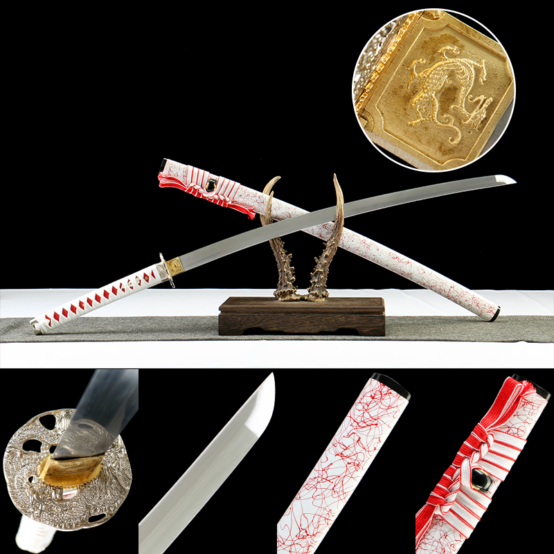 2024刀主图-恢复的-恢复的-恢复的 1065 steel - pure hand-forged samurai sword - green leather sheath - zinc alloy fittings - red and white - frost blade blood weave