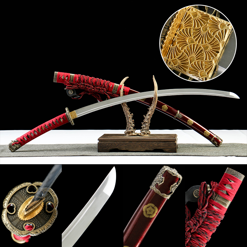 1065 Steel - Pure Hand-Forged Katana - Green Leather Scabbard - Zinc Alloy Fitting - Red - Shadow Rock