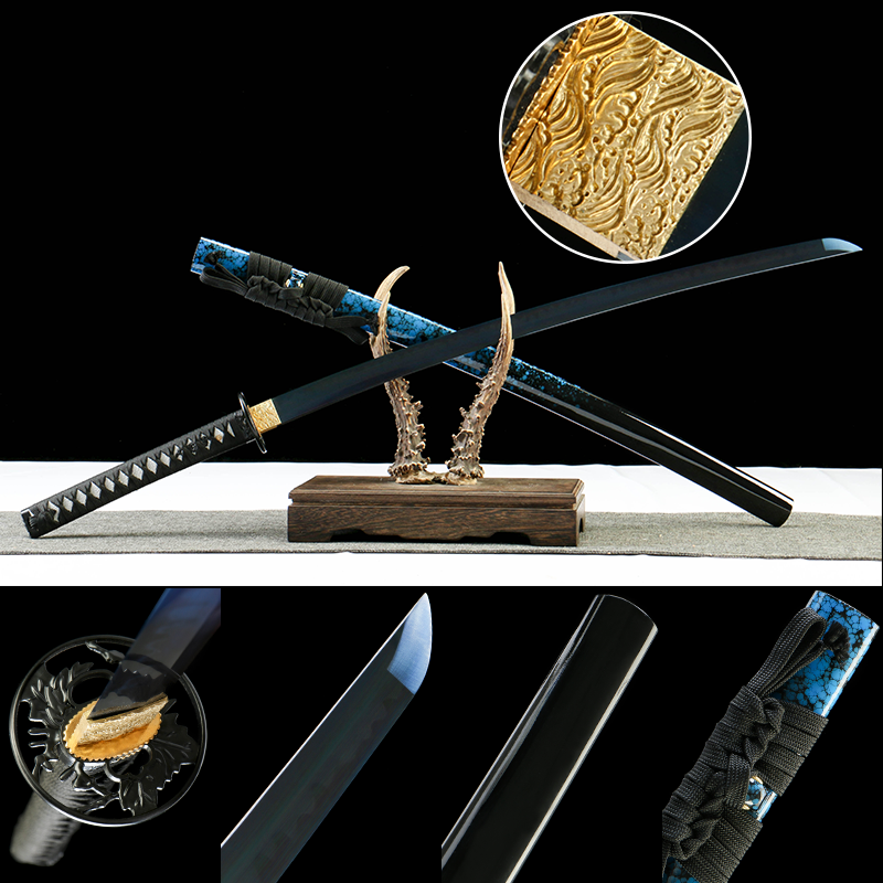 1095 steel - pure hand-forged samurai sword - green leather sheath - earth-coated burnt blade - zinc alloy fittings - blued - Yuunagi