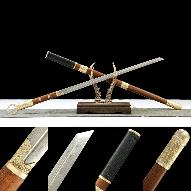 Patterned steel - pure hand-forged samurai sword - green leather sheath - copper fittings - bad guy buried sheath Tang sword