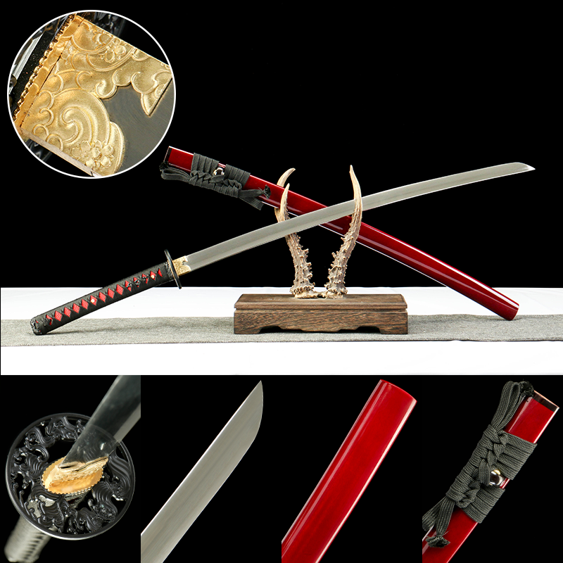65Mn  Steel- hand-forged samurai sword - green leather sheath material - zinc alloy equipment - red shadow
