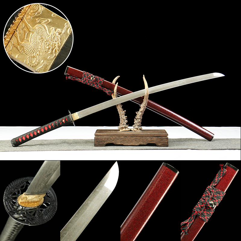 Patterned Steel - Hand-Forged Katana - Green Leather Scabbard - Zinc Alloy Hardware - Midnight Omen