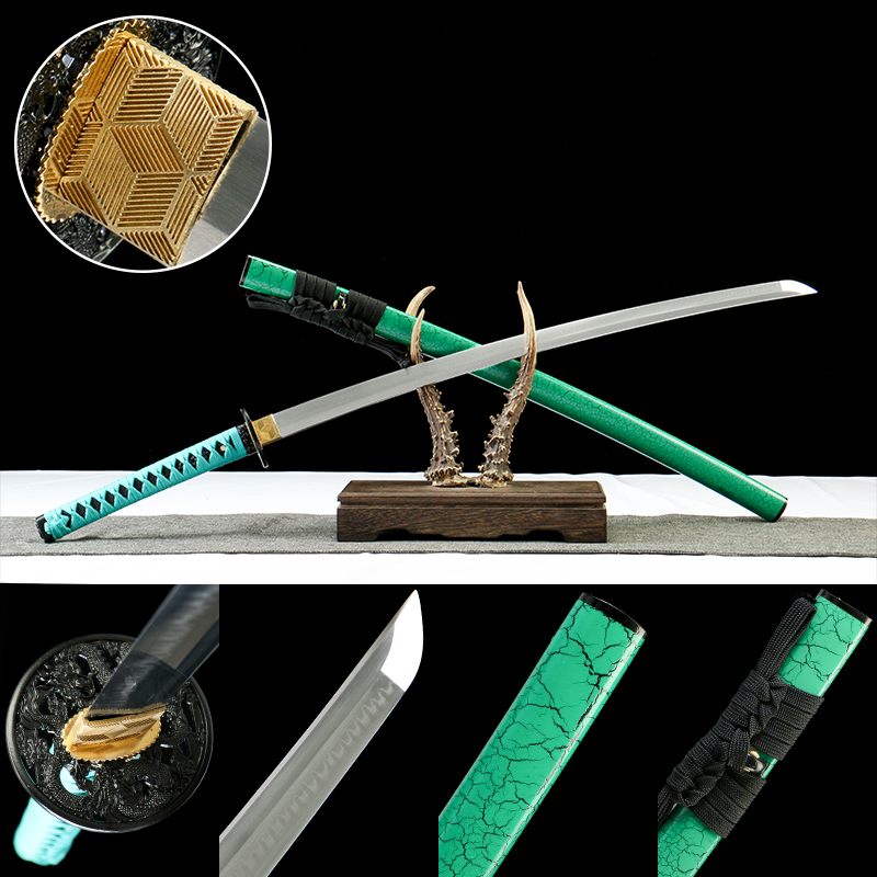 T8 Steel - Handmade Japanese Katana - Green Leather Scabbard - Zinc Alloy Hardware - Moon Blue