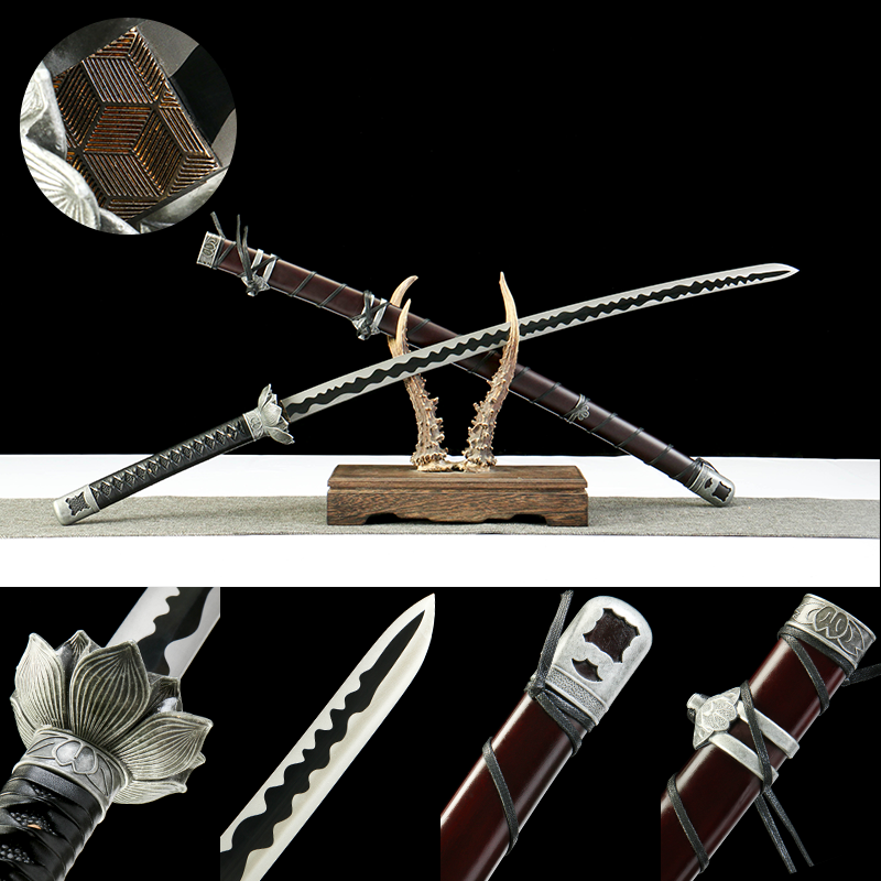 65Mn  Steel- - pure hand-forged samurai sword - green wood sheath material - zinc alloy fittings - silver black brown - lotus - immortal cut open the door
