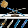Damascus steel - pure handmade Japanese katana - green leather sheath - iron fittings - genuine leather handle - blue - Cang Liu