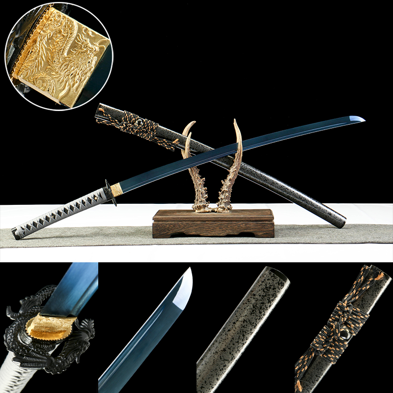 65Mn  Steel-Purely Hand-Forged Katana - Green Wood Scabbard - Zinc Alloy Fitting - Blue-Black - Dark Blue