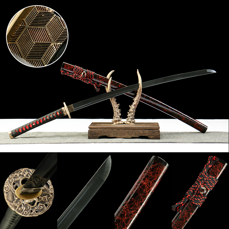 Patterned Steel - Purely Hand-Forged Katana - Green Leather Scabbard - Copper Hardware - Roasted Black - Purgatory Vein