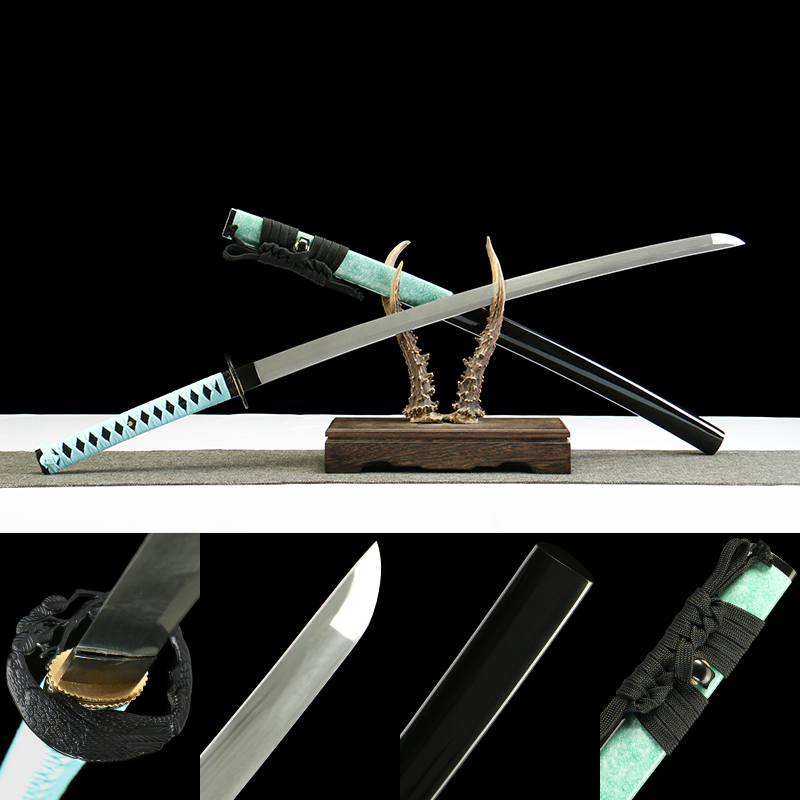 1065 steel - pure hand-forged samurai sword - green leather sheath - iron alloy fittings - Qingyu