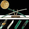 Damascus steel - pure handmade Japanese katana - green leather sheath - iron fittings - genuine leather handle - Green-Qingbo