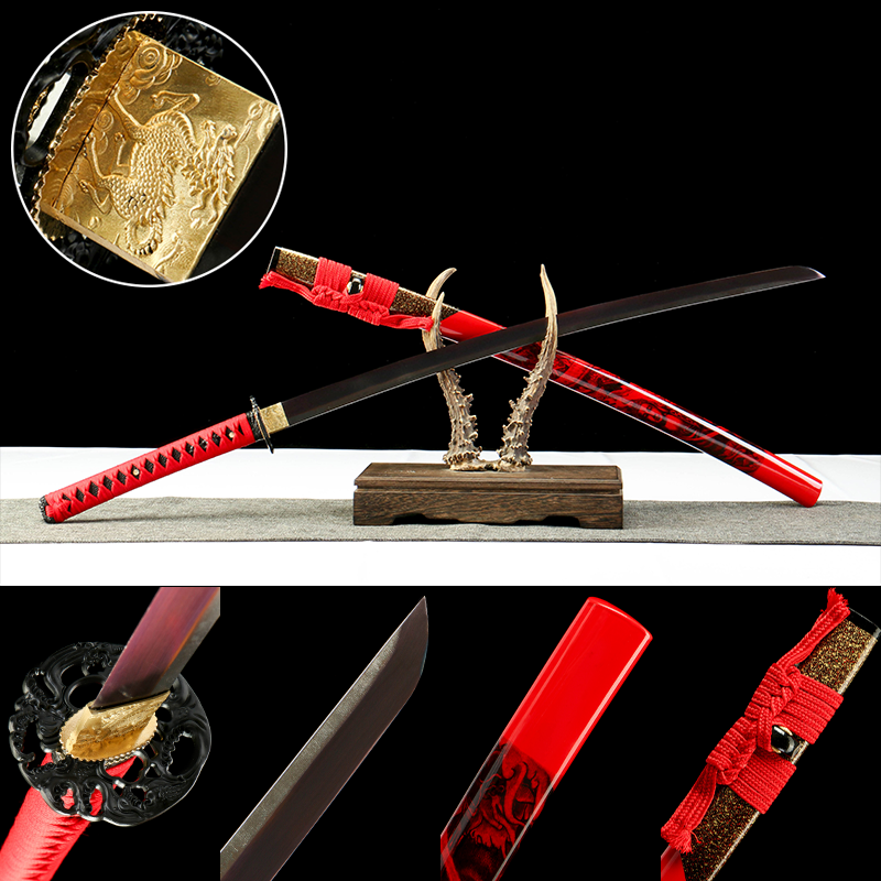 2024刀主图-恢复的-恢复的-恢复的 T10 Steel - Handmade Japanese Katana - Zinc Alloy Fittings - Green Leather Scabbard - Baked Purple - Yasha