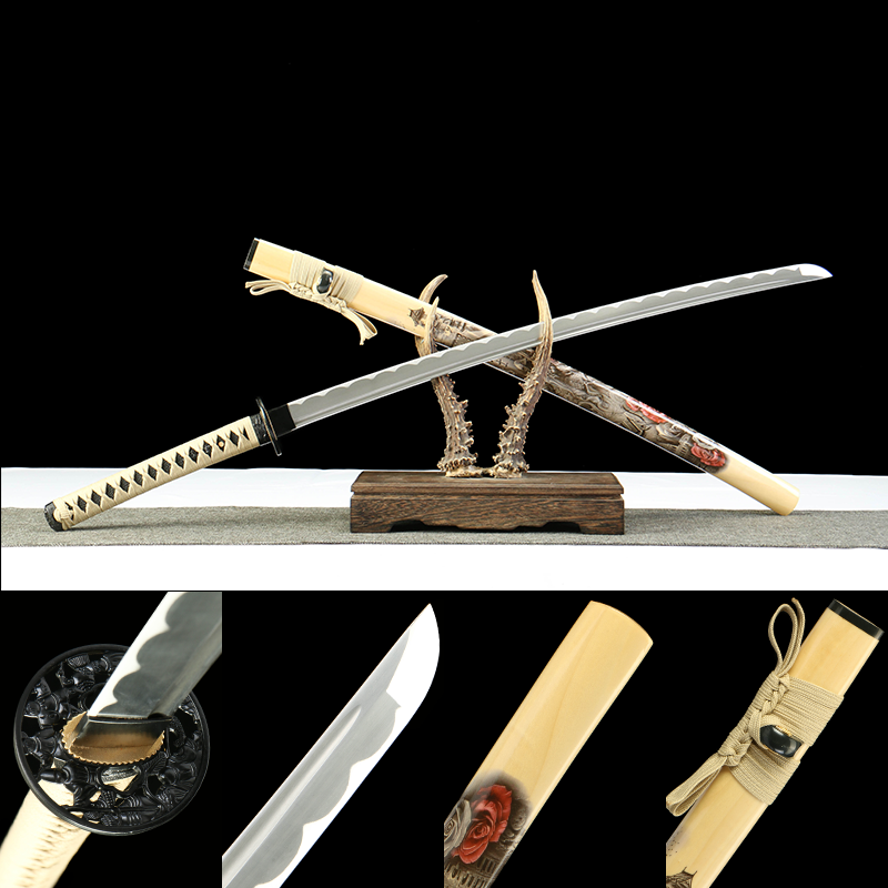 1045 steel-handmade Japanese samurai sword-iron equipment-green leather scabbard-pattern-ever bloom