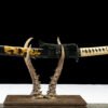 Patterned steel-handmade Japanese samurai sword-green leather scabbard-dragon-gold shadow