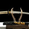 Patterned steel-handmade Japanese samurai sword-green leather scabbard-dragon-gold shadow