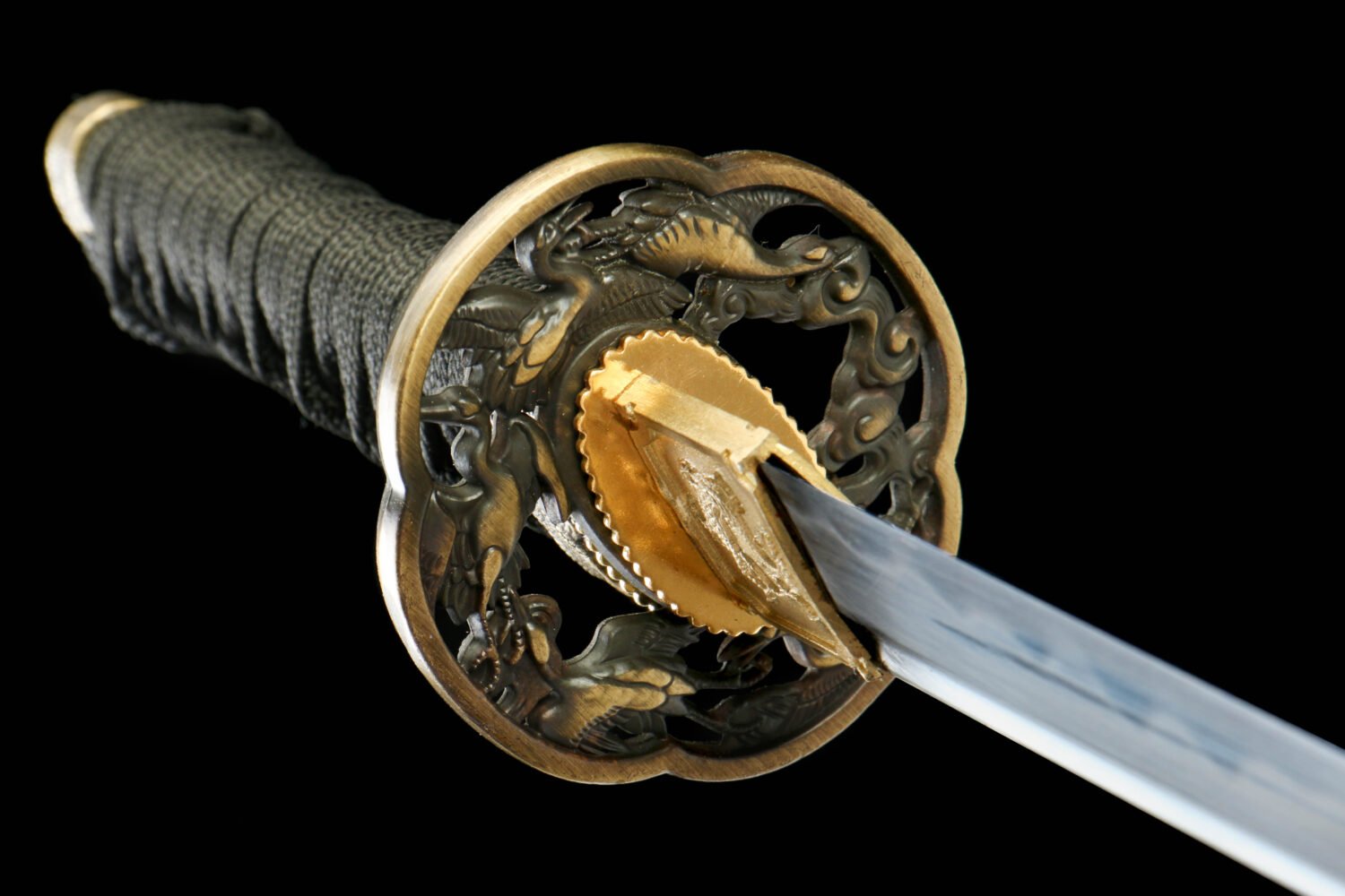 IMG_0091 T10 steel - pure handmade Japanese katana - earth-covered and burnt blade - green leather sheath - zinc alloy fittings - night flower