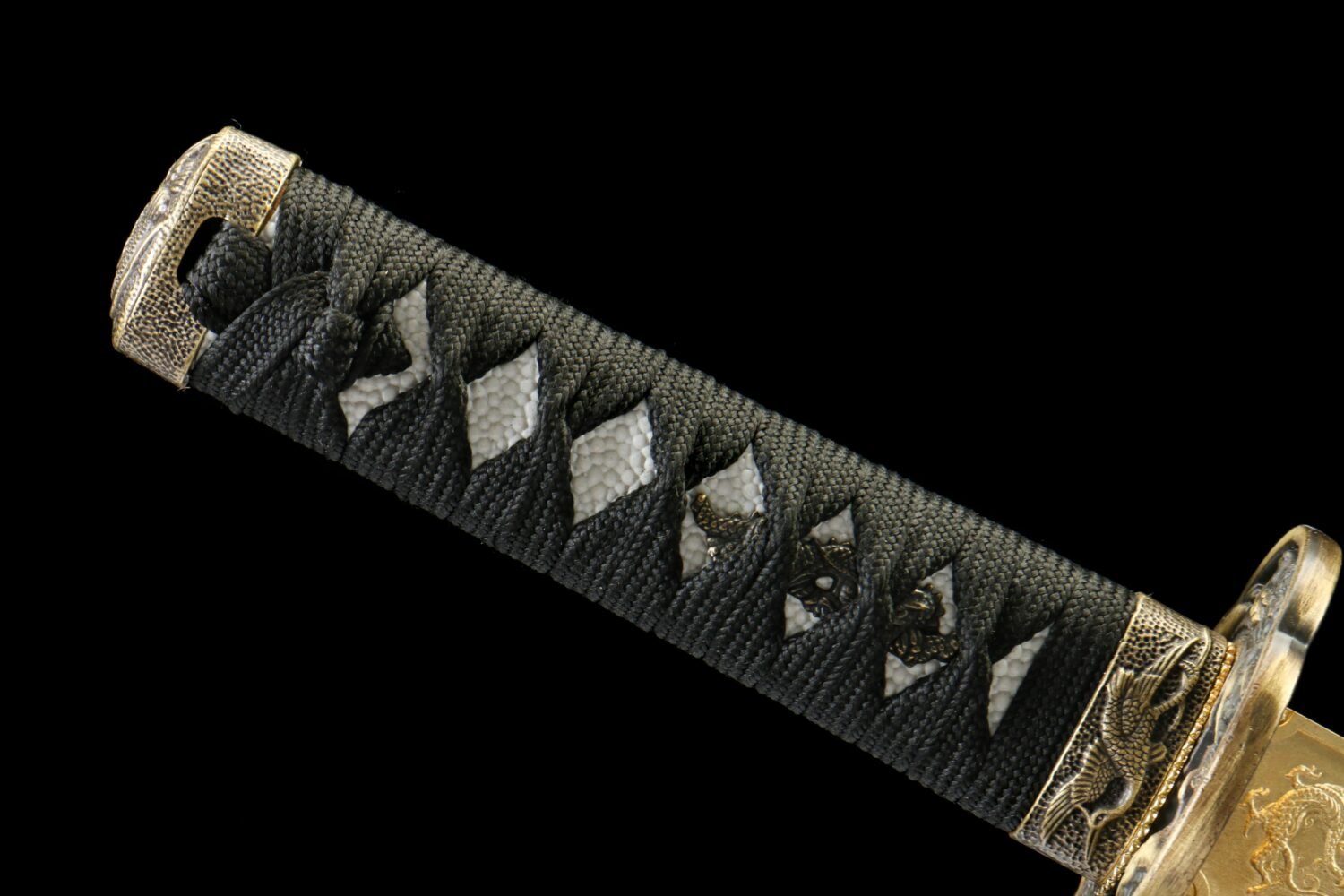 IMG_0092 T10 steel - pure handmade Japanese katana - earth-covered and burnt blade - green leather sheath - zinc alloy fittings - night flower