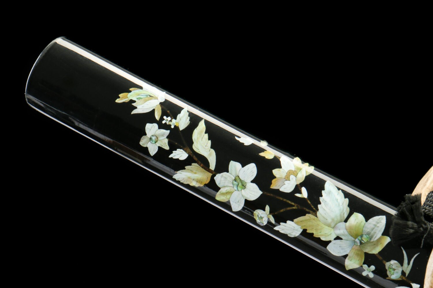 IMG_0094 T10 steel - pure handmade Japanese katana - earth-covered and burnt blade - green leather sheath - zinc alloy fittings - night flower