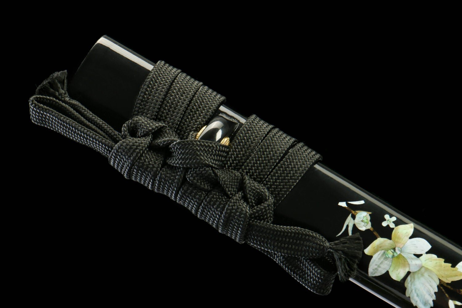 IMG_0097 T10 steel - pure handmade Japanese katana - earth-covered and burnt blade - green leather sheath - zinc alloy fittings - night flower