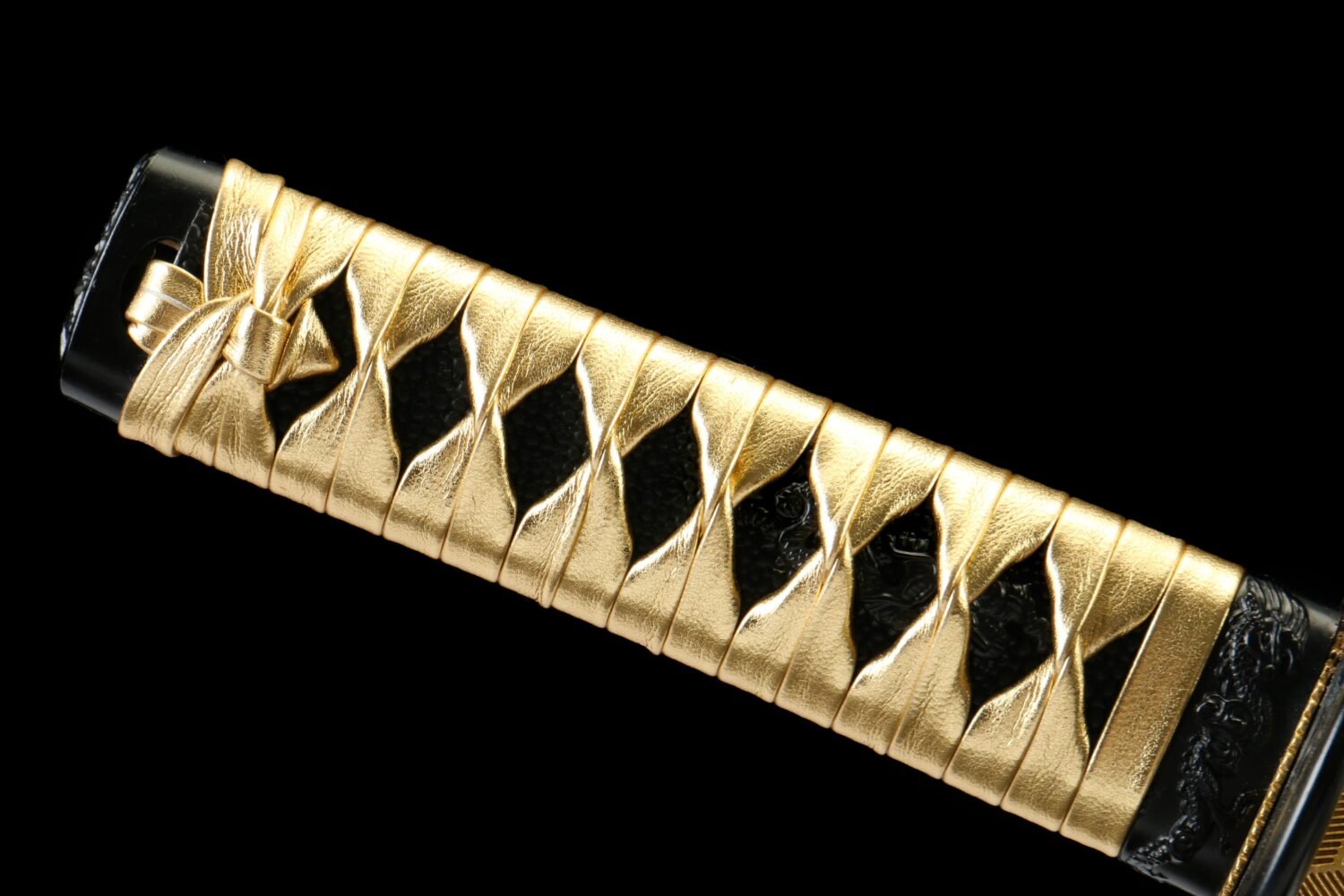 Patterned steel-handmade Japanese samurai sword-green leather scabbard-dragon-gold shadow