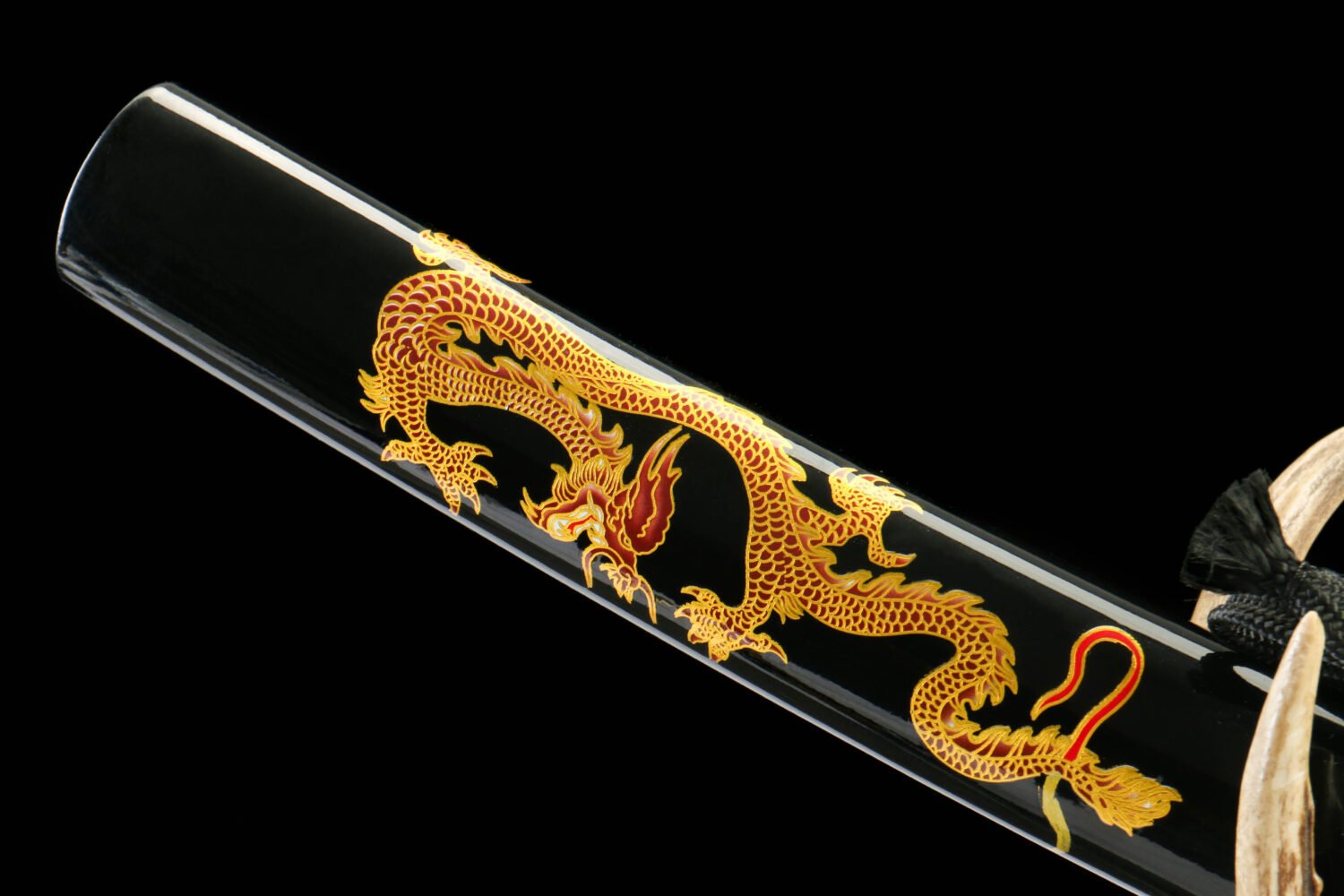 Patterned steel-handmade Japanese samurai sword-green leather scabbard-dragon-gold shadow