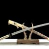 1045 steel-handmade Japanese samurai sword-iron equipment-green leather scabbard-pattern-ever bloom