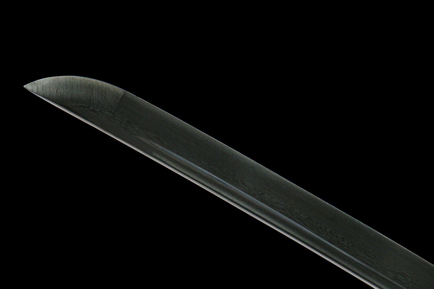 IMG_8321 Patterned Steel - Purely Hand-Forged Katana - Green Leather Scabbard - Copper Hardware - Roasted Black - Purgatory Vein