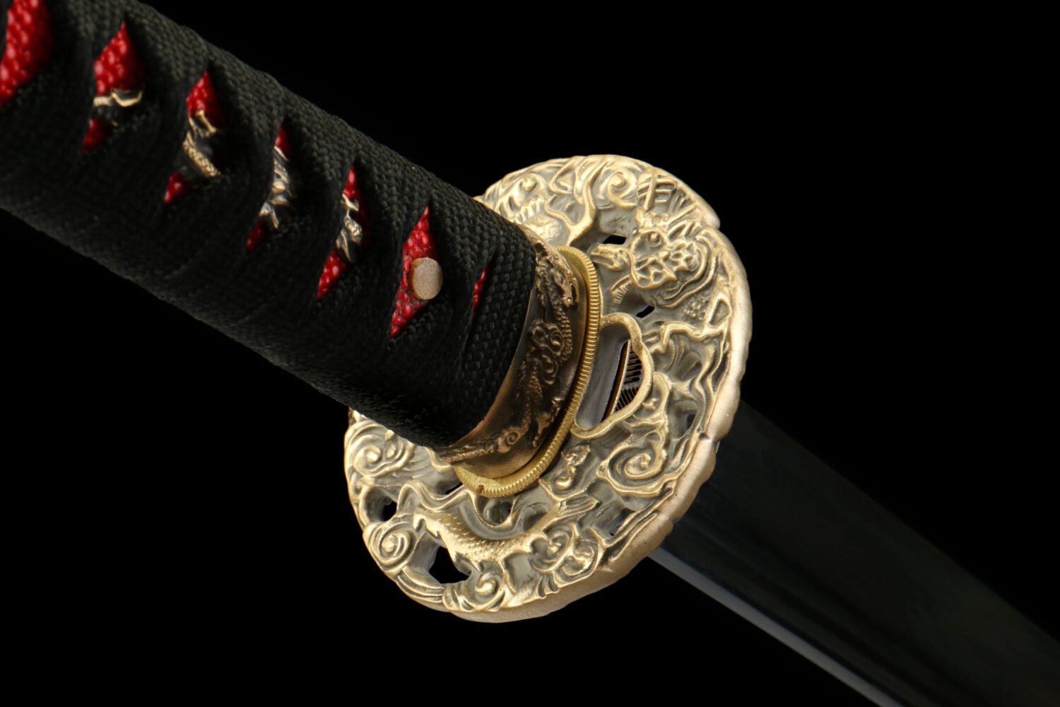 IMG_8345 Patterned Steel - Purely Hand-Forged Katana - Green Leather Scabbard - Copper Hardware - Roasted Black - Purgatory Vein