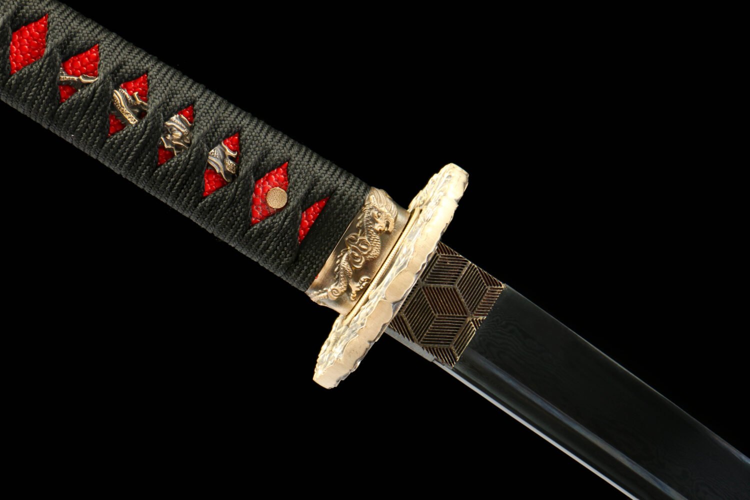 IMG_8347 Patterned Steel - Purely Hand-Forged Katana - Green Leather Scabbard - Copper Hardware - Roasted Black - Purgatory Vein