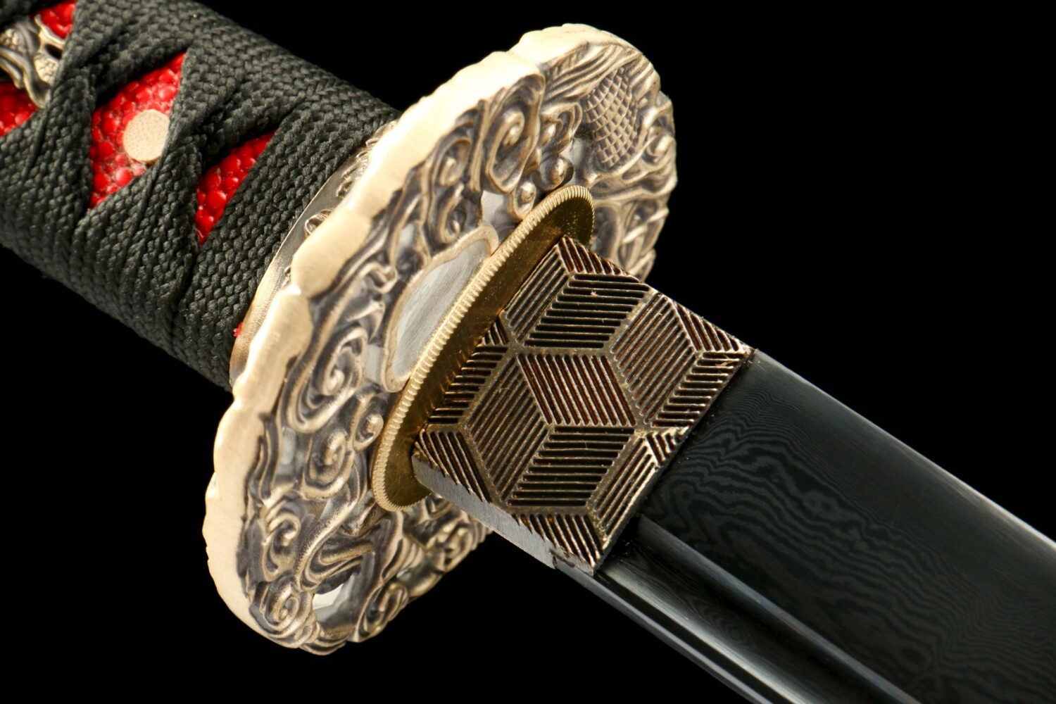 IMG_8348 Patterned Steel - Purely Hand-Forged Katana - Green Leather Scabbard - Copper Hardware - Roasted Black - Purgatory Vein