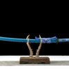 Damascus steel - pure handmade Japanese katana - green leather sheath - iron fittings - genuine leather handle - blue - Cang Liu