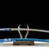 Damascus steel - pure handmade Japanese katana - green leather sheath - iron fittings - genuine leather handle - blue - Cang Liu