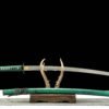 Damascus steel - pure handmade Japanese katana - green leather sheath - iron fittings - genuine leather handle - Green-Qingbo
