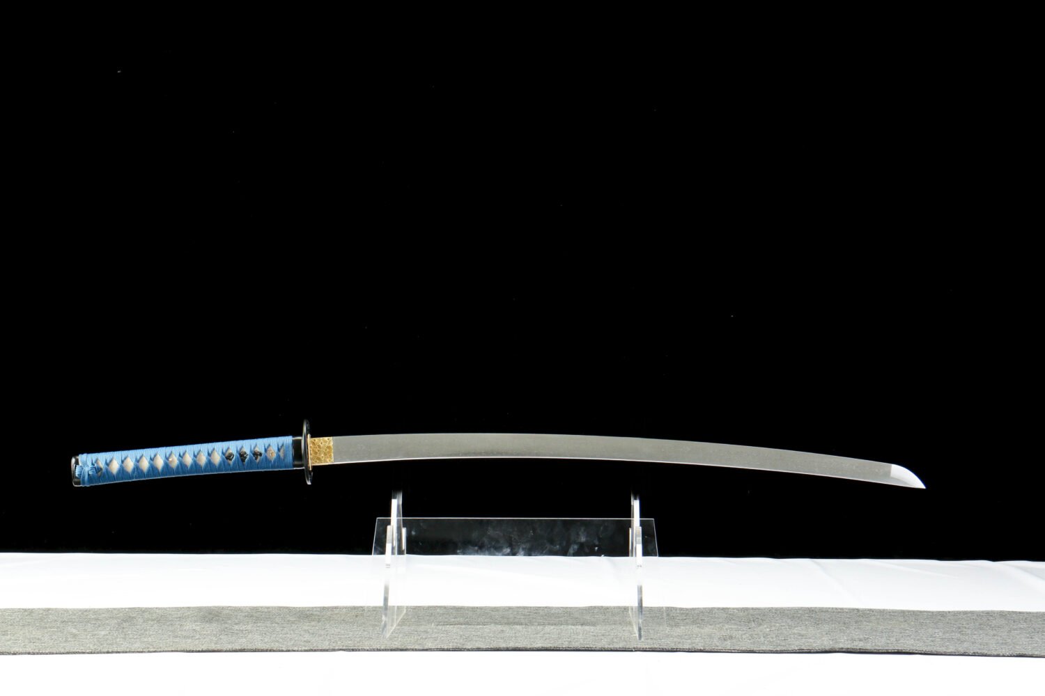 Damascus steel - pure handmade Japanese katana - green leather sheath - iron fittings - genuine leather handle - blue - Cang Liu