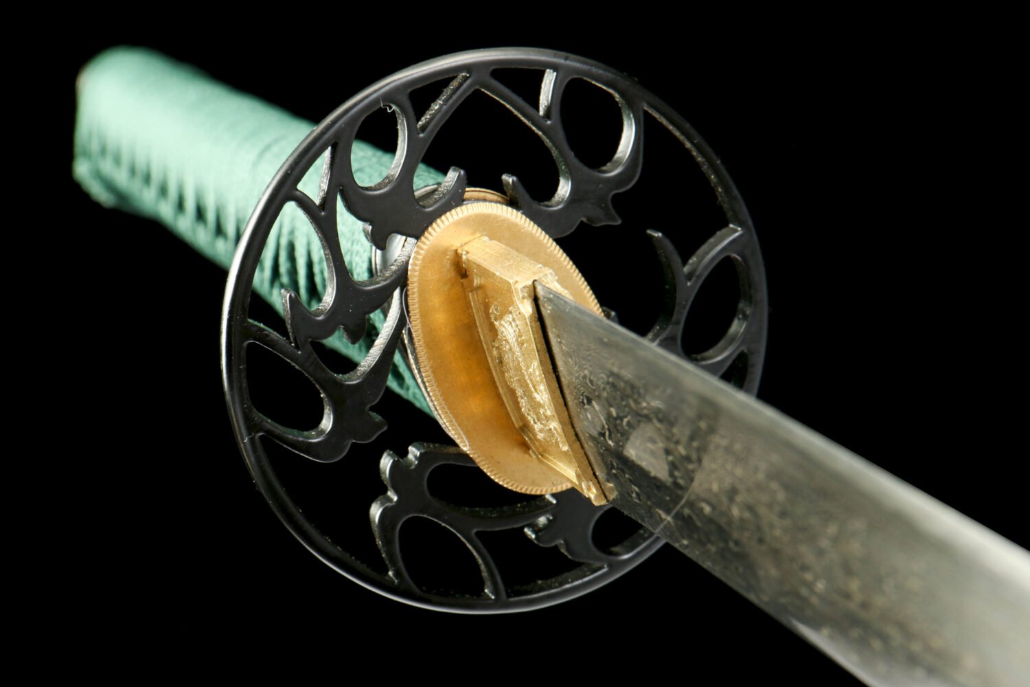 Damascus steel - pure handmade Japanese katana - green leather sheath - iron fittings - genuine leather handle - Green-Qingbo