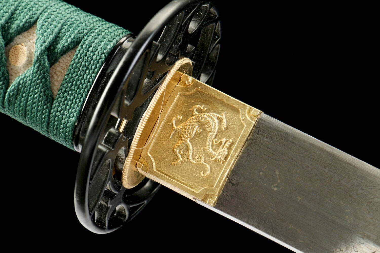 Damascus steel - pure handmade Japanese katana - green leather sheath - iron fittings - genuine leather handle - Green-Qingbo