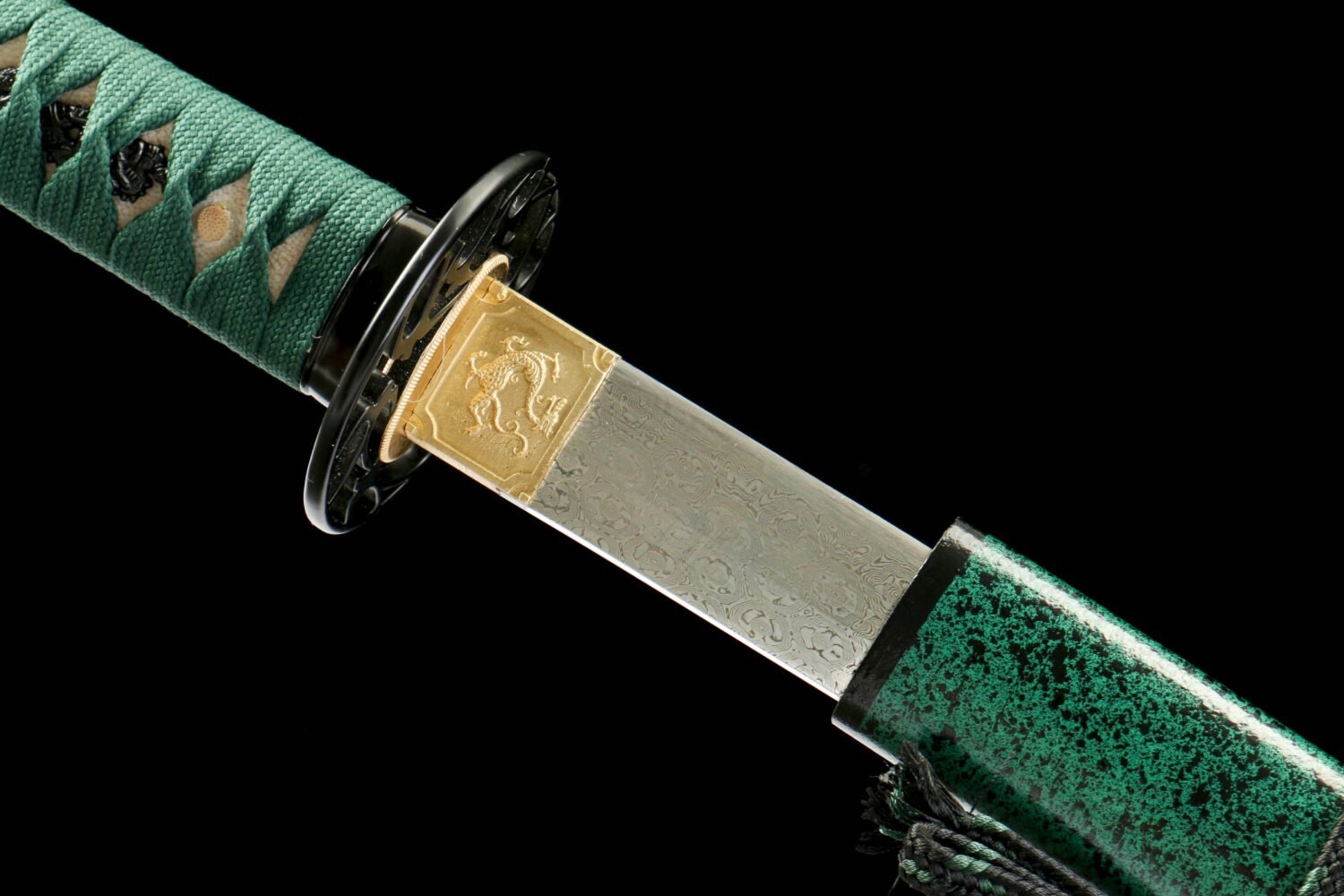 Damascus steel - pure handmade Japanese katana - green leather sheath - iron fittings - genuine leather handle - Green-Qingbo