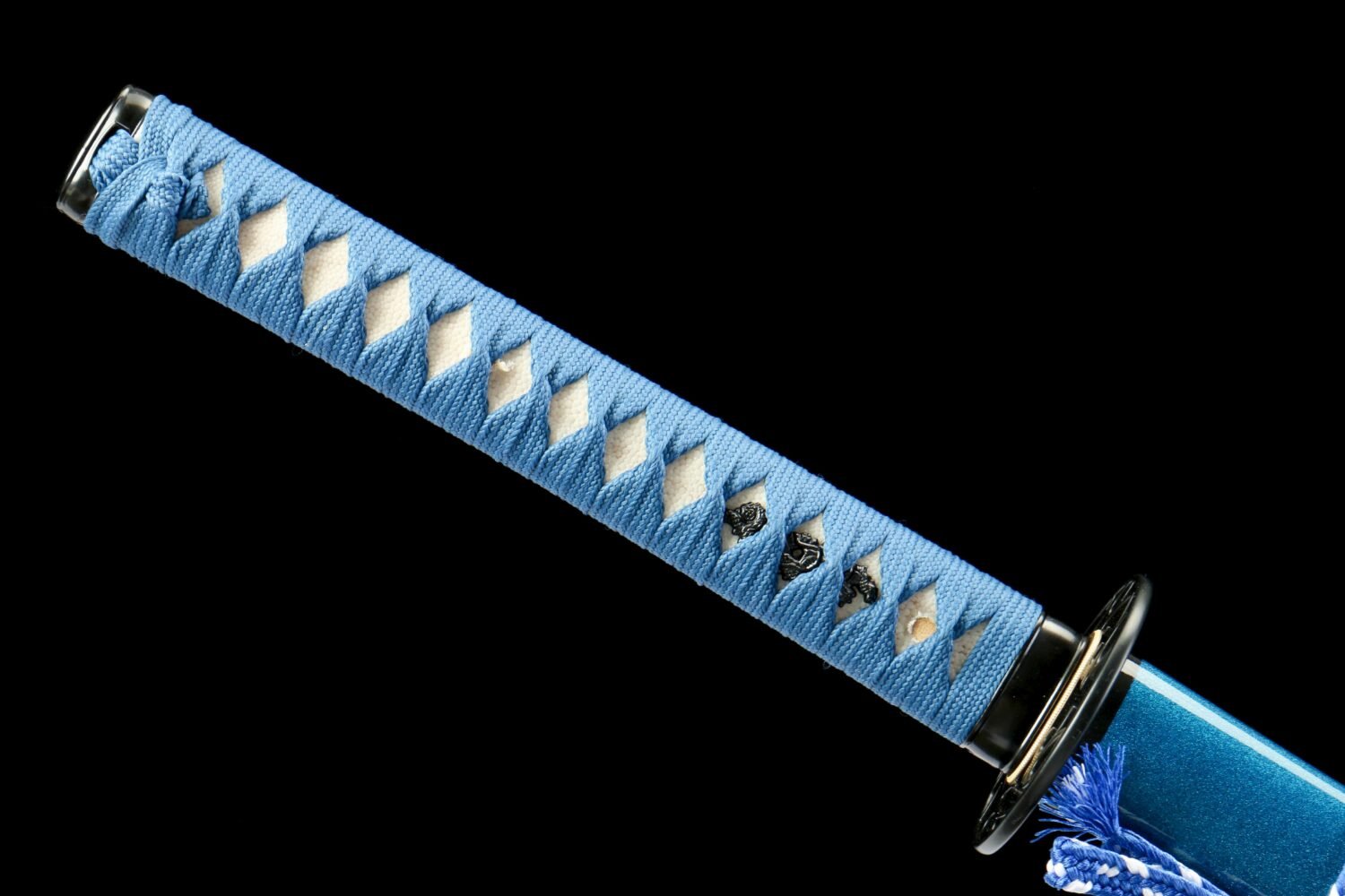 Damascus steel - pure handmade Japanese katana - green leather sheath - iron fittings - genuine leather handle - blue - Cang Liu