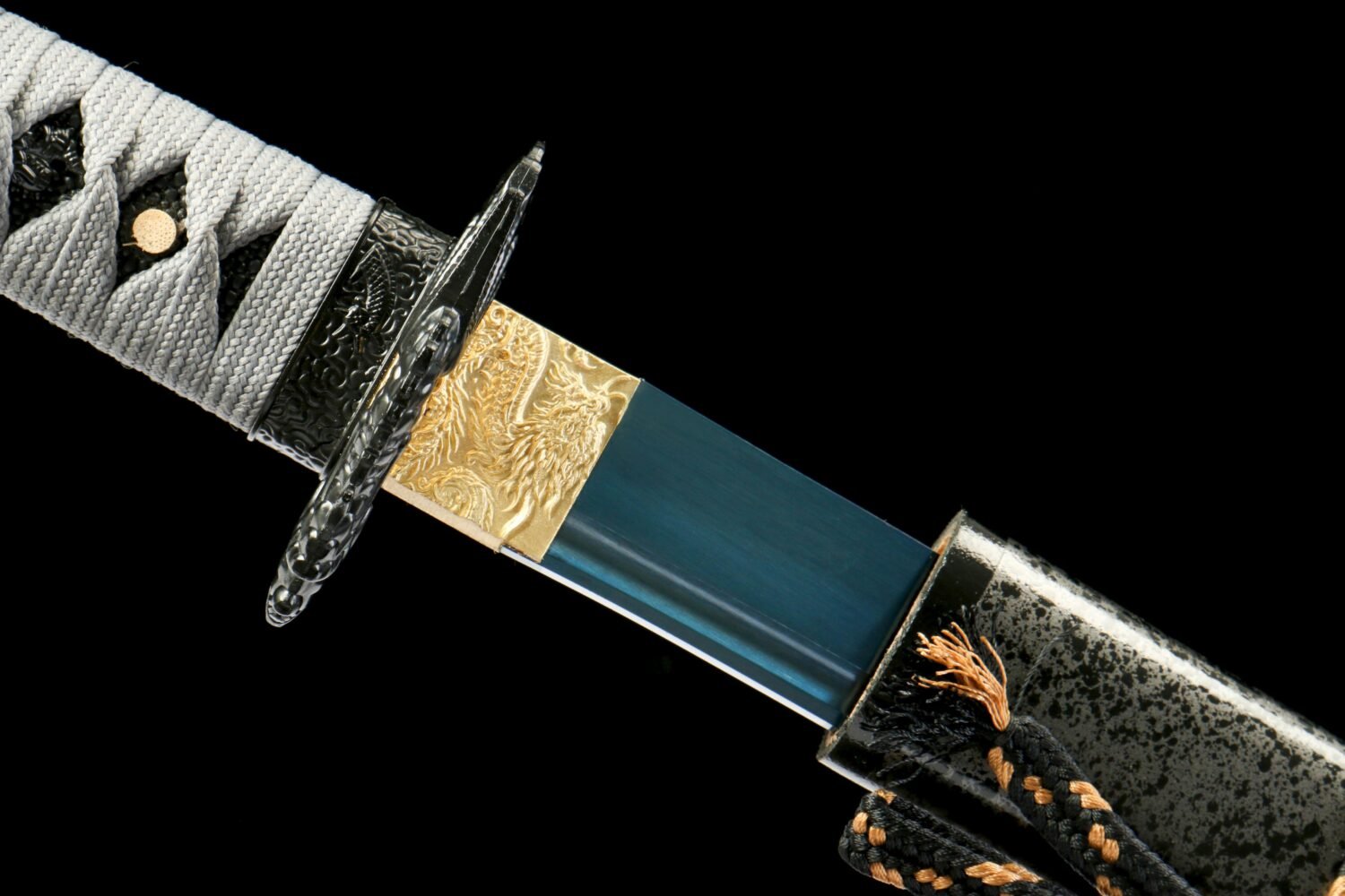 65Mn  Steel-Purely Hand-Forged Katana - Green Wood Scabbard - Zinc Alloy Fitting - Blue-Black - Dark Blue