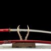 Damascus steel - pure handmade Japanese katana - green leather sheath - iron fittings - genuine leather handle - song blade