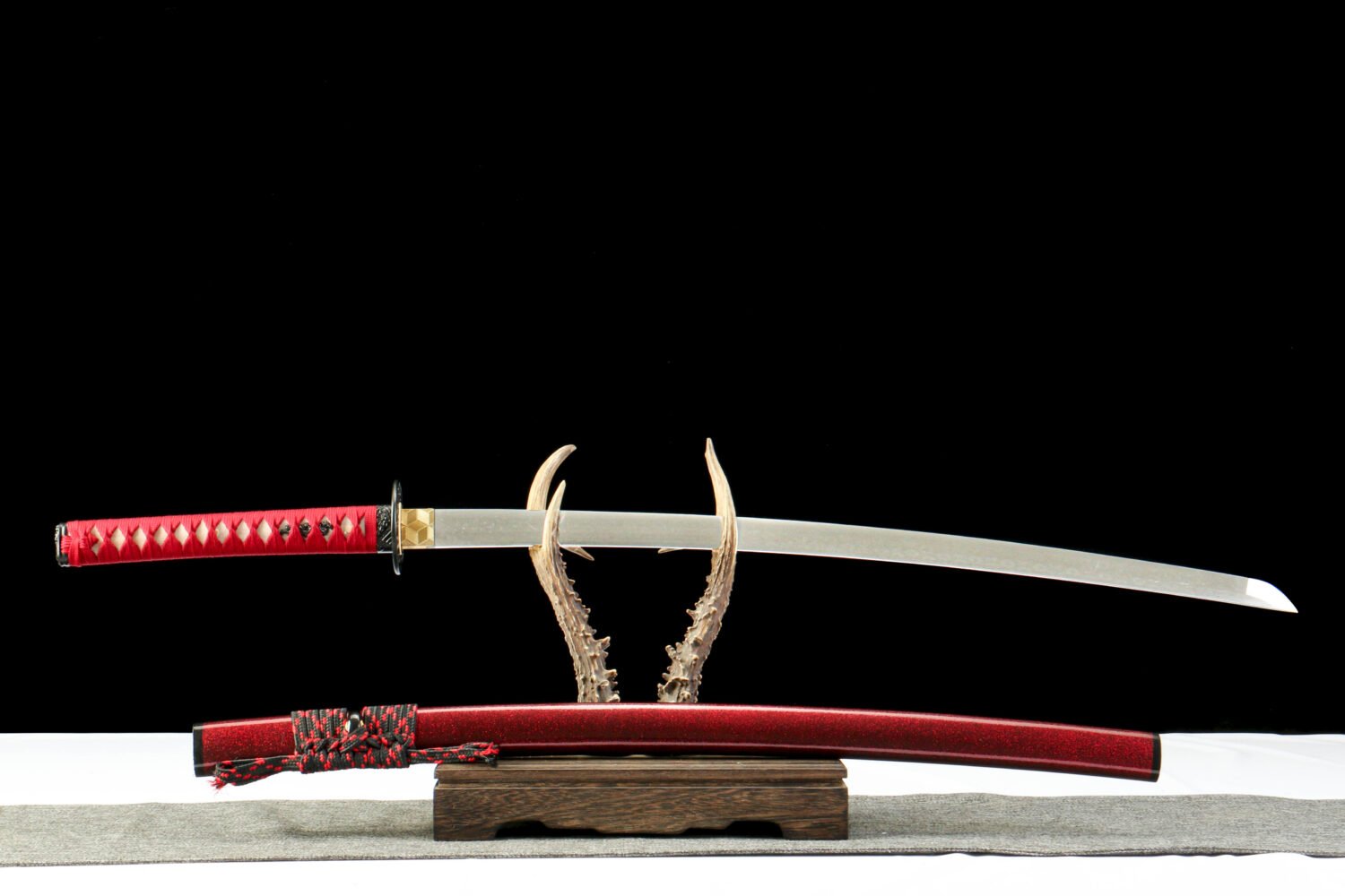 Damascus steel - pure handmade Japanese katana - green leather sheath - iron fittings - genuine leather handle - song blade